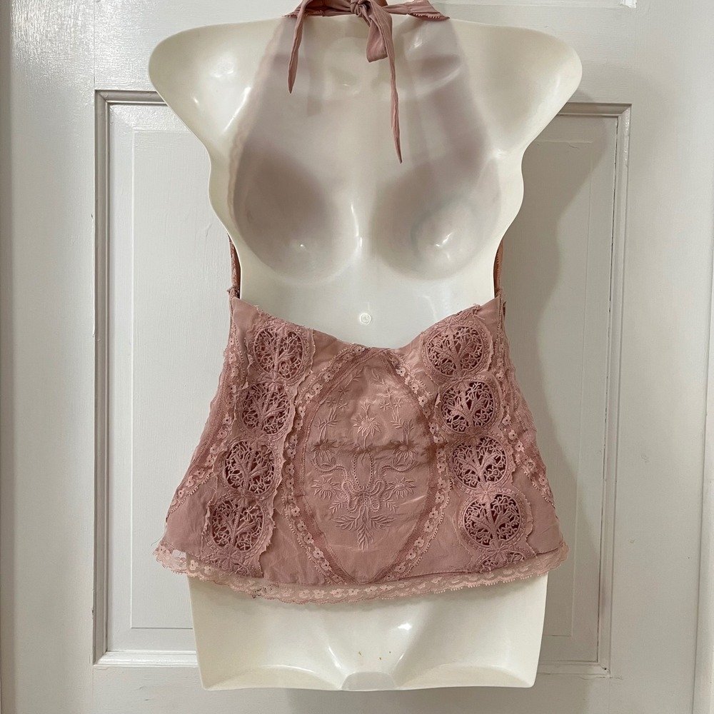 VTG Y2K Embroidered Silk Lace Bebe Halter Top XS Boho Romantic Fairy Victorian - Picture 3 of 6